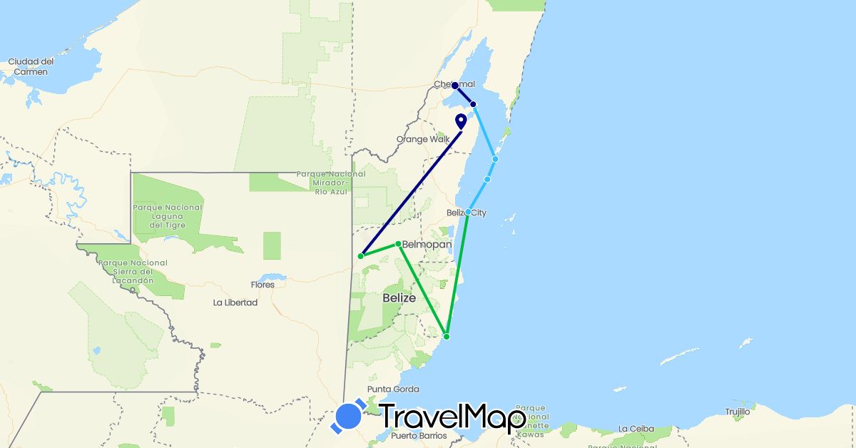 TravelMap itinerary: driving, bus, boat in Belize, Mexico (North America)